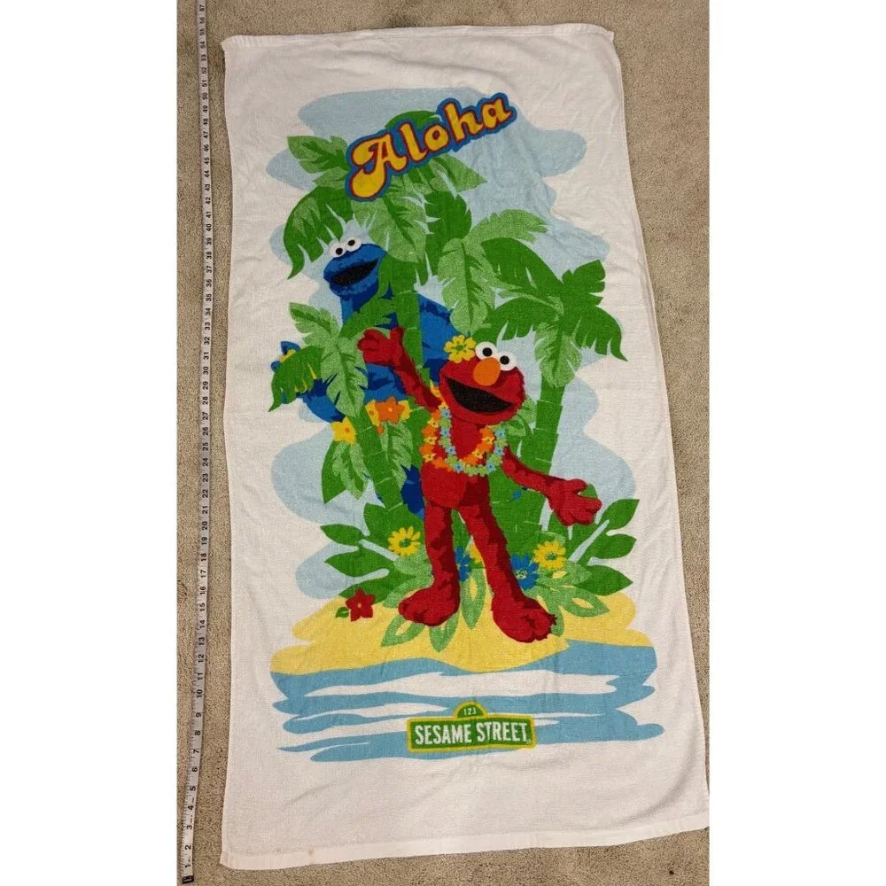 Vintage Sesame Street Elmo & Cookie Monster Aloha Beach Towel Kids Pool Fun